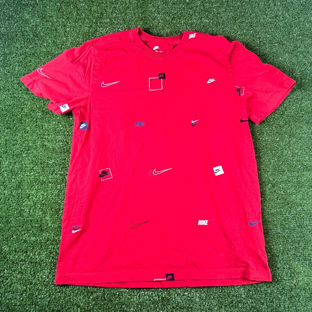 Nike Mens Red All Over Print Logo Swoosh Graphic T-Shirt Large 0670